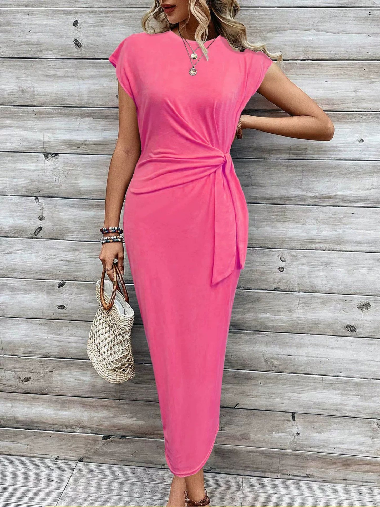Elegant Waist Strap Striped Round Neck Short Sleeve And Long Pattern Dress