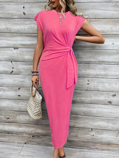 Elegant Waist Strap Striped Round Neck Short Sleeve And Long Pattern Dress