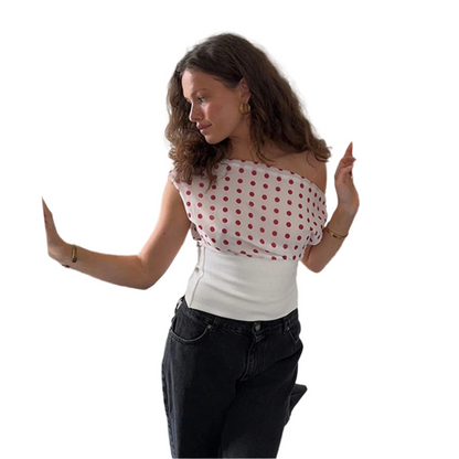 Polka Dots Print Oblique Shoulder Tops Summer Patchwork Chiffon Crop Top Women Sexy Sleeveless Lace Up Backless Blouse Casual Streetwear Tee