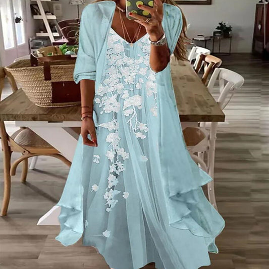 Summer Women's Print Holiday Suspender Dress Cardigan Suit