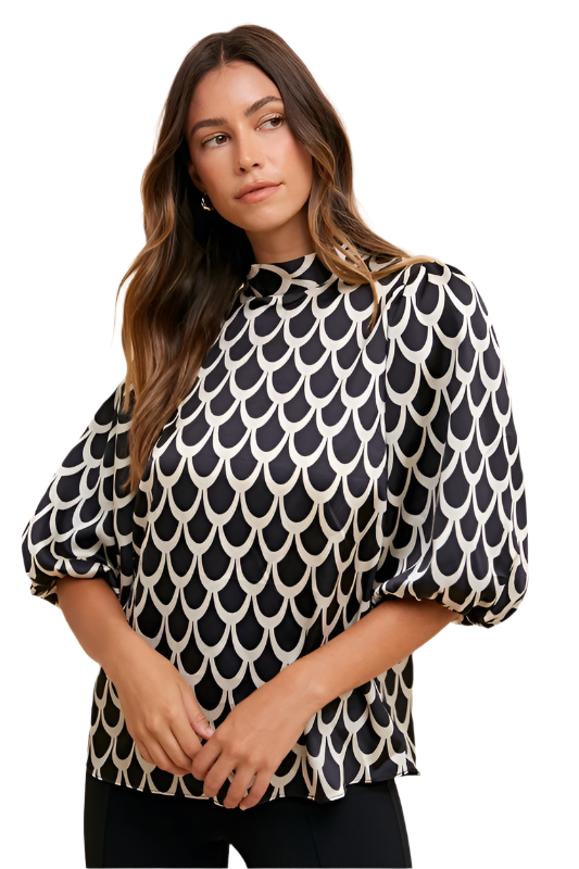 Annie Wear Tie Back Abstract Print Mock Neck Half Sleeve Blouse