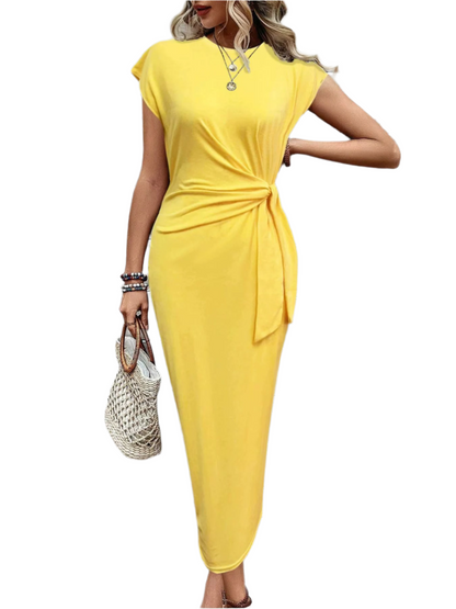 Elegant Waist Strap Striped Round Neck Short Sleeve And Long Pattern Dress