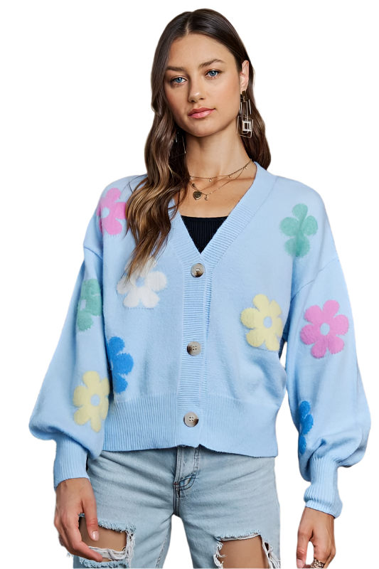 ADORA Flower Button Down Lantern Sleeve Cardigan