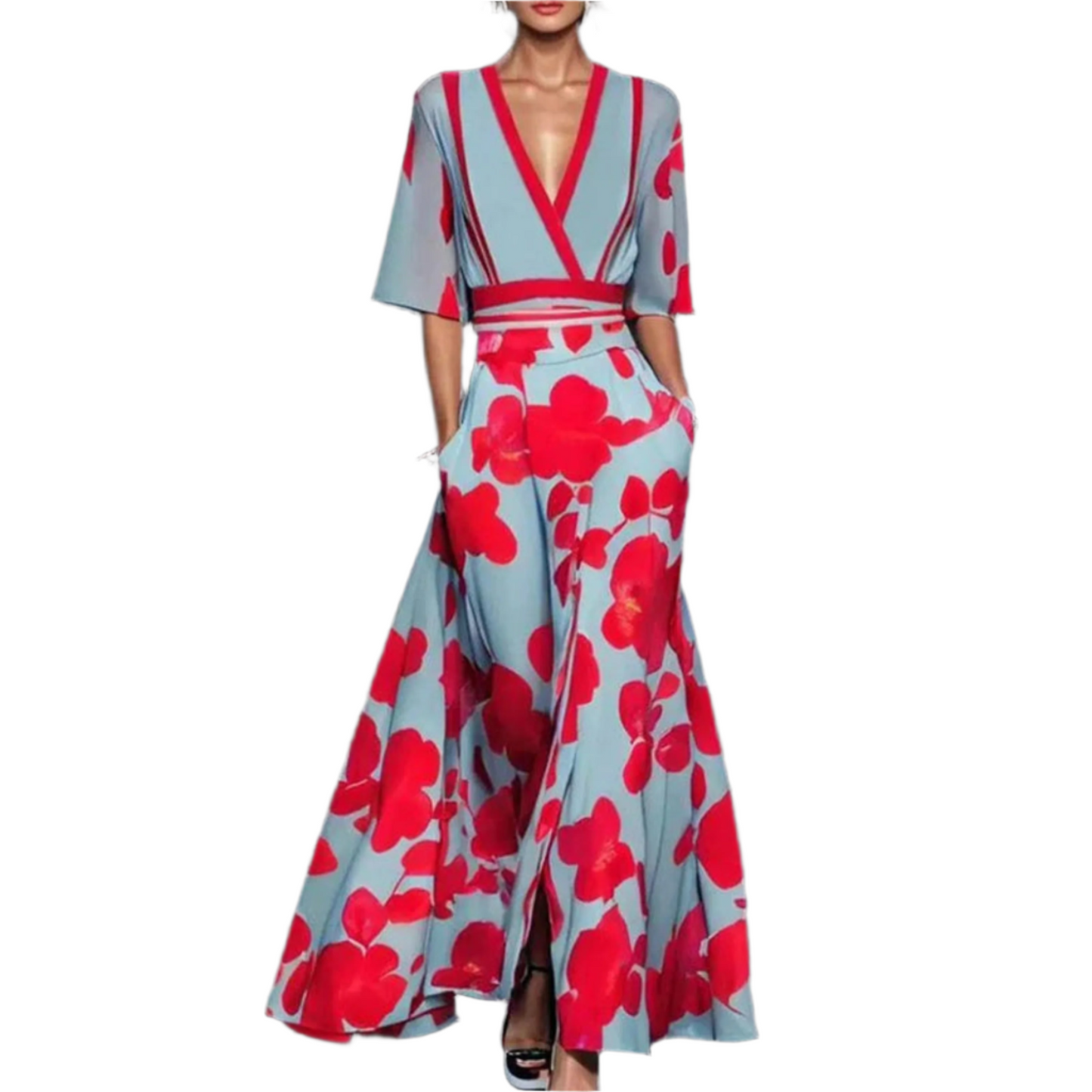 Summer V-neck Split Short-sleeved Dress Fashion Flower Print A-line Long Dresses Party Club Beach Clothing For Women