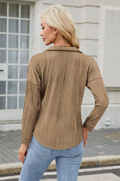 Texture Collared Neck Long Sleeve Blouse