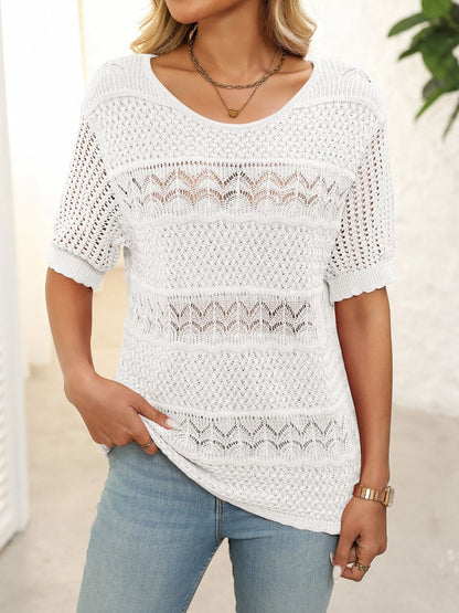 Openwork Round Neck Half Sleeve Knit Top