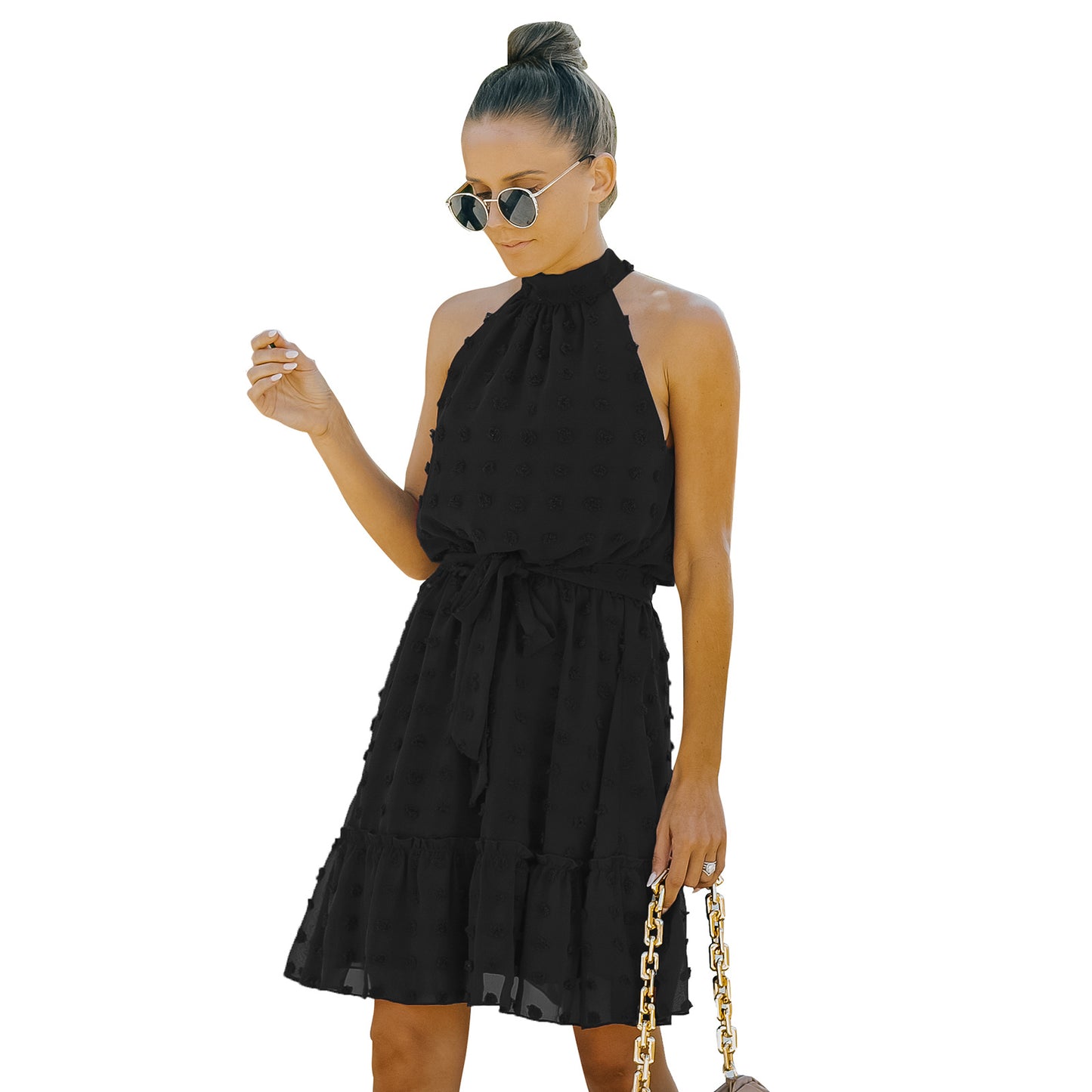 Jacquard Cutout Skirt Halterneck Chiffon Dress