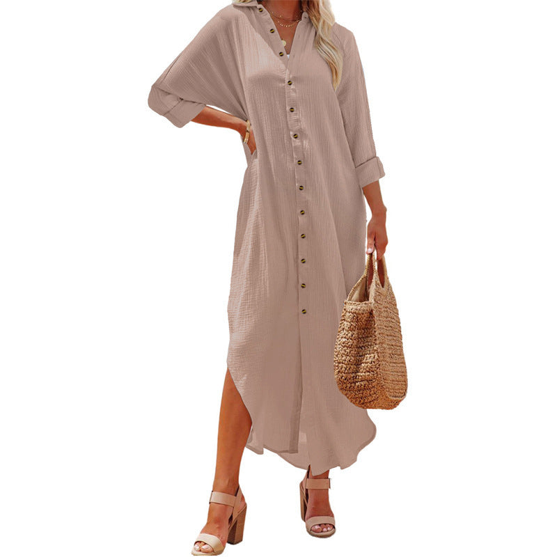 Women's Cardigan Breasted Solid Long Sleeve Dress