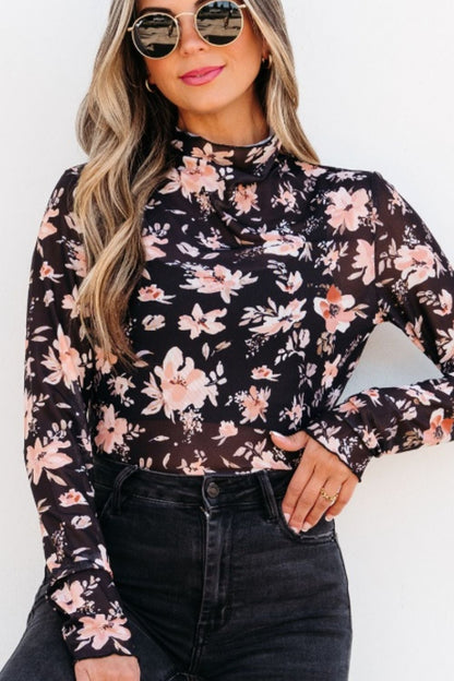 Floral Mock Neck Long Sleeve Blouse