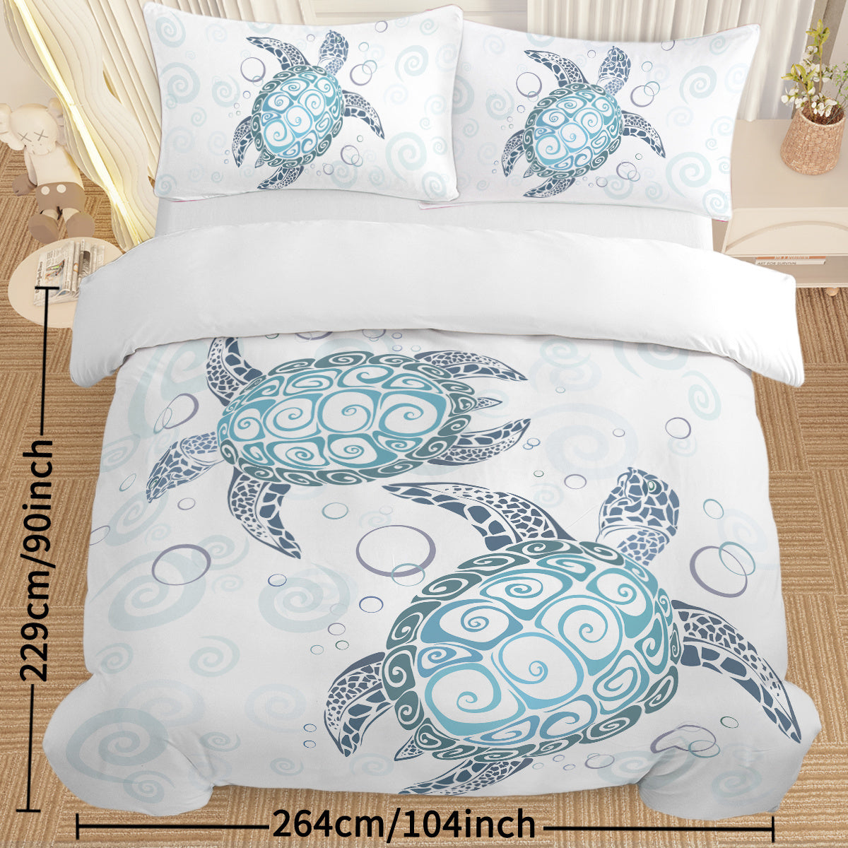 Three Piece Self-produced Bedding Set ,duvet Cover, Pillowcase Back White, Ten Grid Turtle, American Small Size