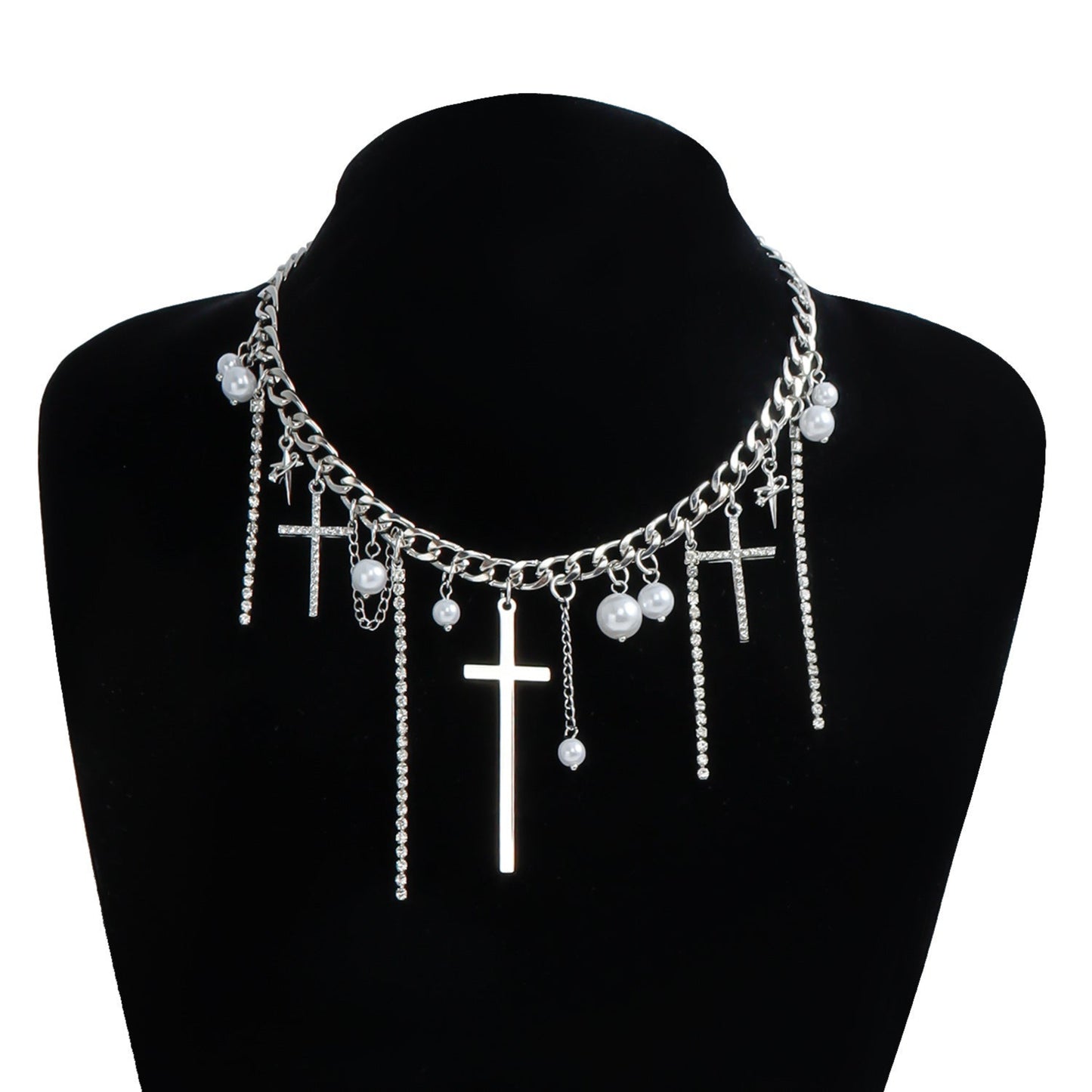 Cross Tassel Pearl Collarbone Chain Jewelry Cool Spicy Girl Necklace Fashion Jewelry
