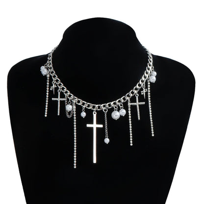 Cross Tassel Pearl Collarbone Chain Jewelry Cool Spicy Girl Necklace Fashion Jewelry