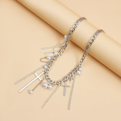 Cross Tassel Pearl Collarbone Chain Jewelry Cool Spicy Girl Necklace Fashion Jewelry