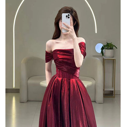 Wine Red Off-shoulder French Suit Bridal Slimming Toast Clothing Dress