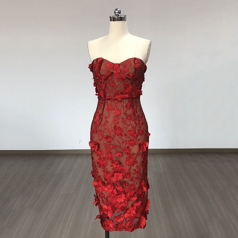 French Embroidery Flower Tube Top Dress Women