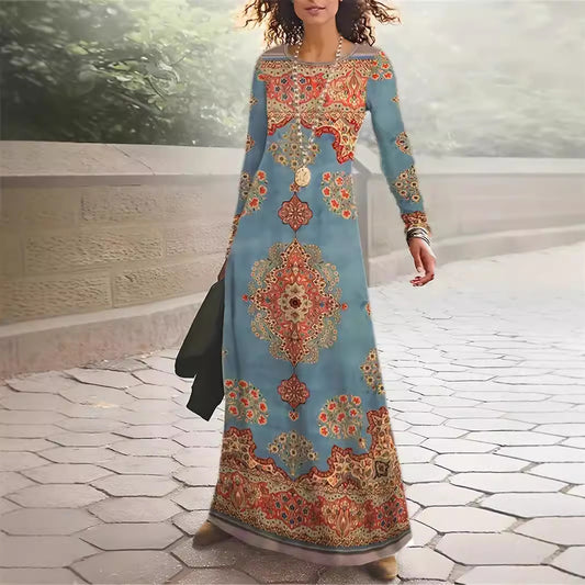 Loose Slimming Artistic Temperament Crew Neck Long Sleeve Waist Dress