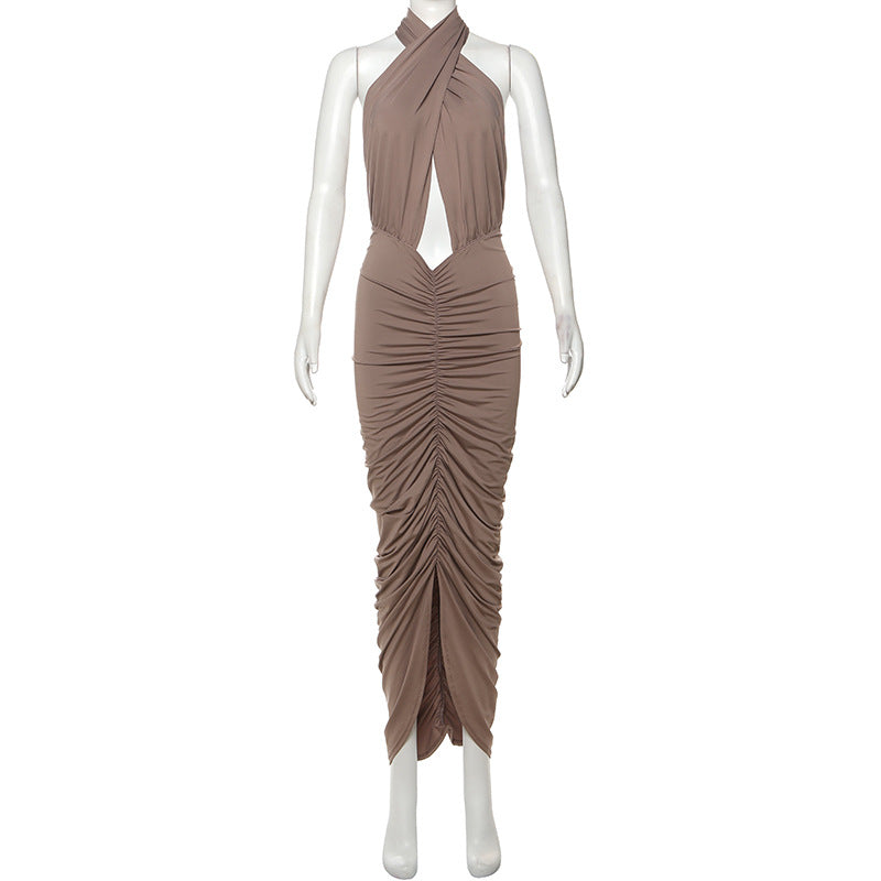 Sleeveless Halter Pleated Navel Dress
