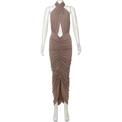 Sleeveless Halter Pleated Navel Dress