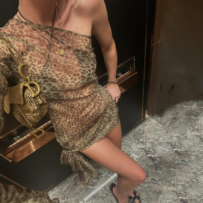 Summer Leopard Print Dress Sexy See-through Shoulder Sleeve