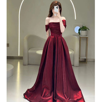 Wine Red Off-shoulder French Suit Bridal Slimming Toast Clothing Dress