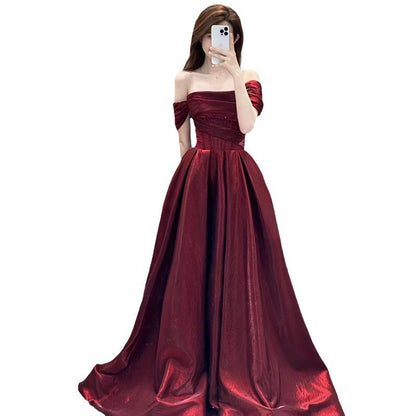 Wine Red Off-shoulder French Suit Bridal Slimming Toast Clothing Dress