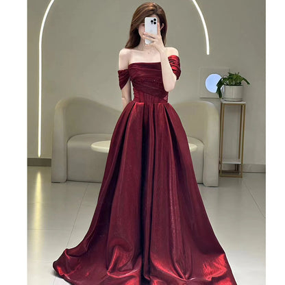 Wine Red Off-shoulder French Suit Bridal Slimming Toast Clothing Dress