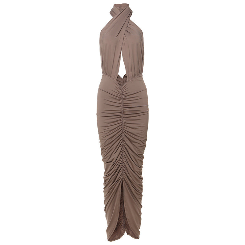 Sleeveless Halter Pleated Navel Dress