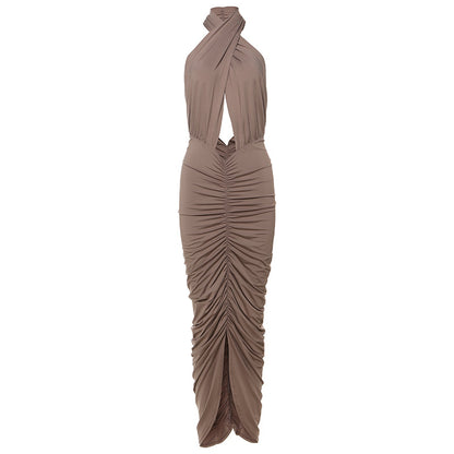 Sleeveless Halter Pleated Navel Dress