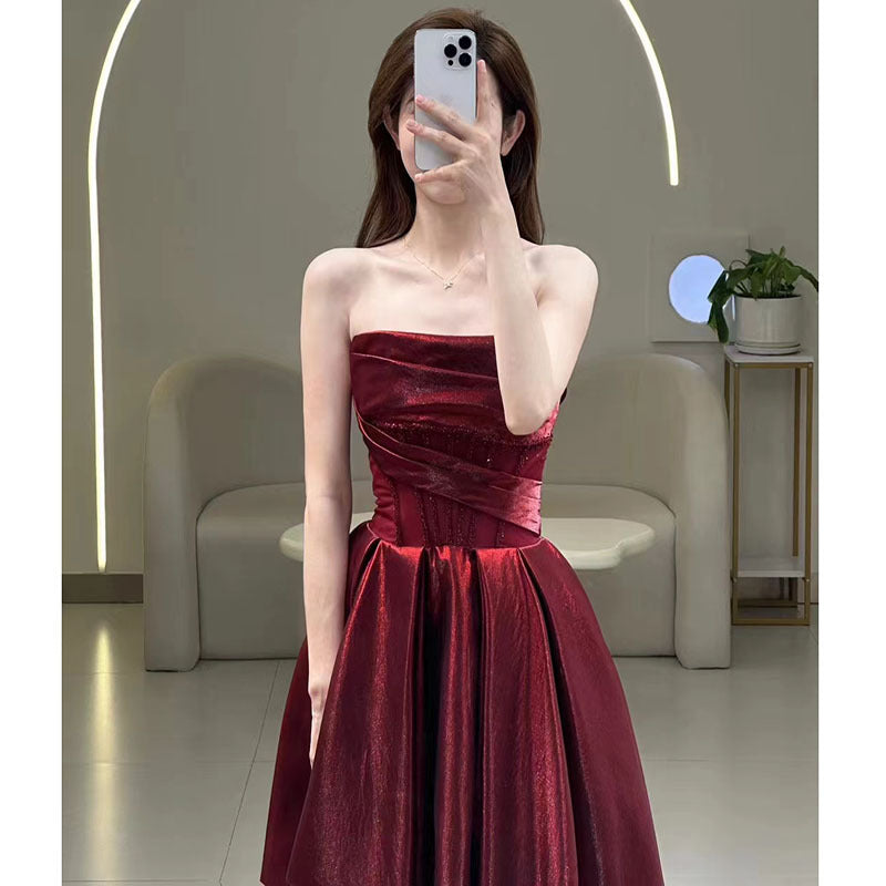 Wine Red Off-shoulder French Suit Bridal Slimming Toast Clothing Dress
