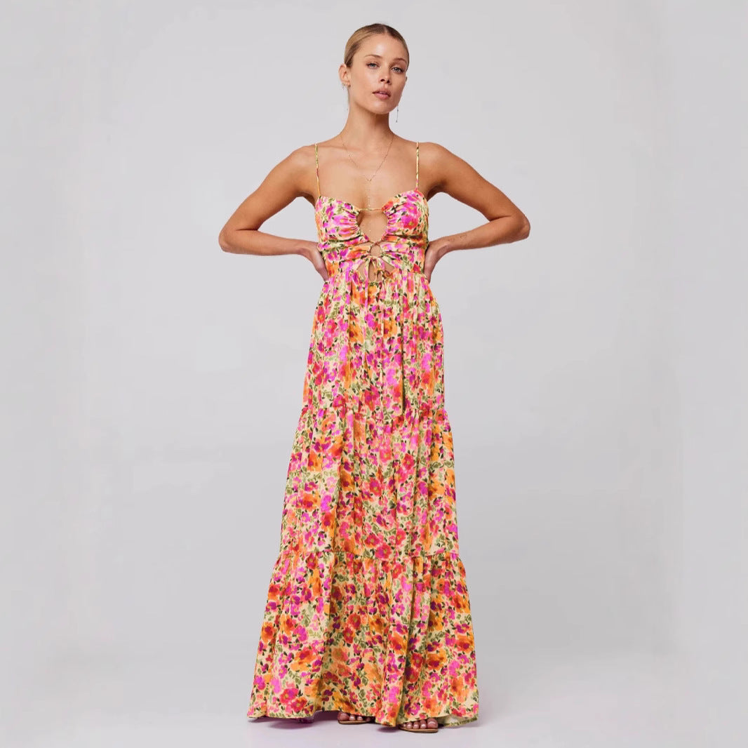 New Printed Sling Stitching Multi-color Dress