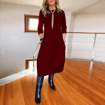 Autumn And Winter New All-matching Solid Color Loose Round-neck Long-sleeved Dress Women