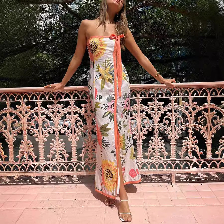 Women's Split Chest-wrapped Print Dress