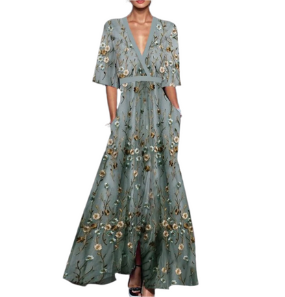 Summer V-neck Split Short-sleeved Dress Fashion Flower Print A-line Long Dresses Party Club Beach Clothing For Women