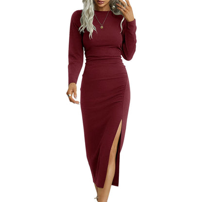 Solid Colour Round Neck Slim Fit Long Sleeve Split Temperament Dress
