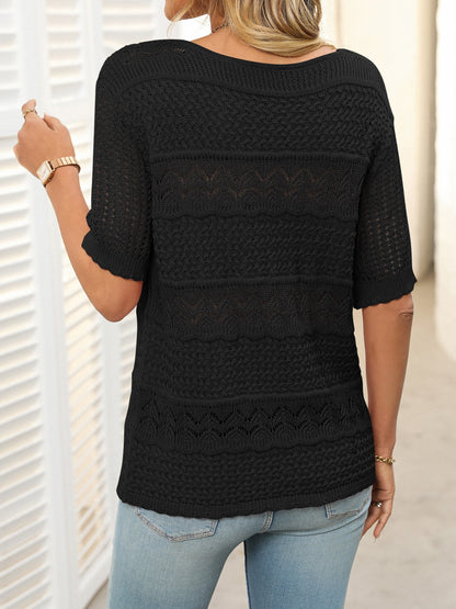 Openwork Round Neck Half Sleeve Knit Top