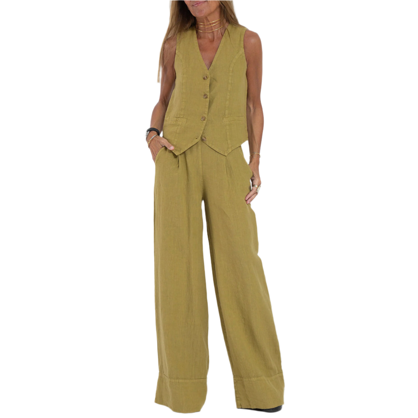 Summer Vest Suits V-neck Botton Sleeveless Top And Loose Straight Trousers Casual Womens Clothing