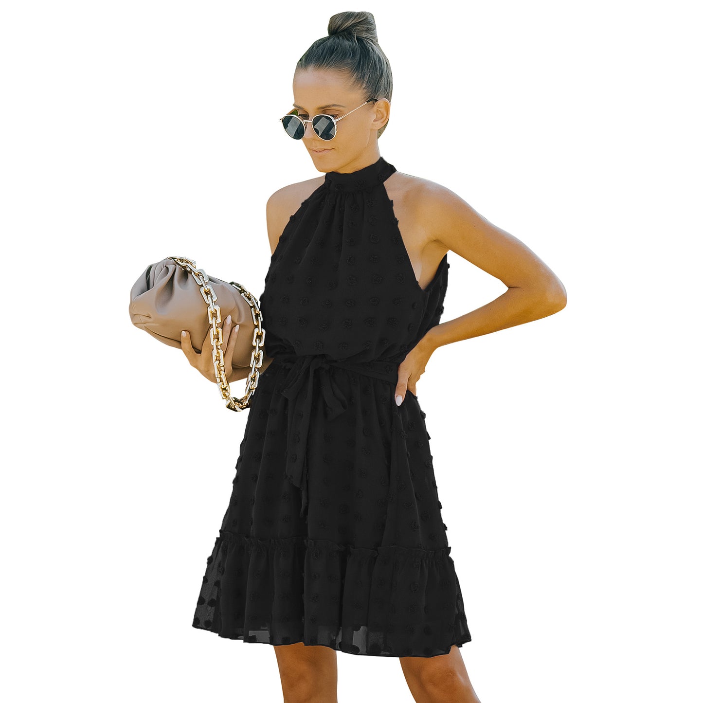 Jacquard Cutout Skirt Halterneck Chiffon Dress