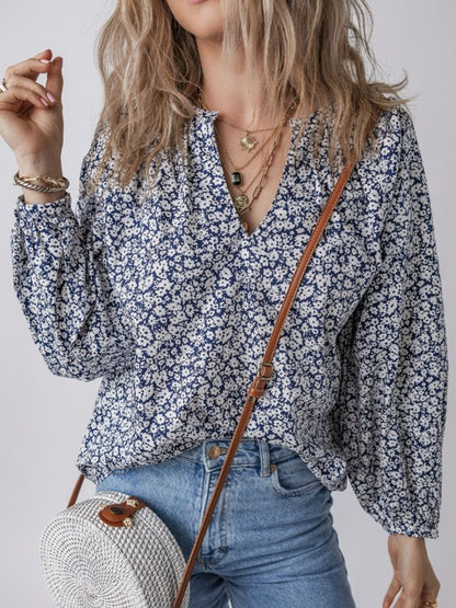 Floral Print Notched Long Sleeve Blouse