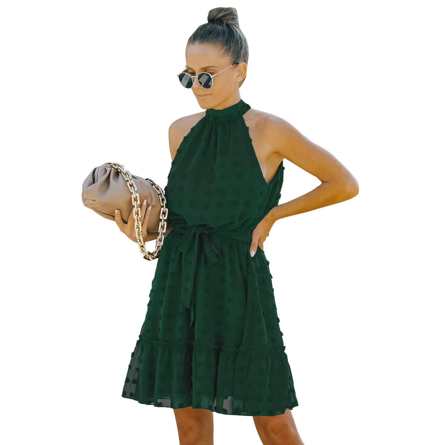 Jacquard Cutout Skirt Halterneck Chiffon Dress