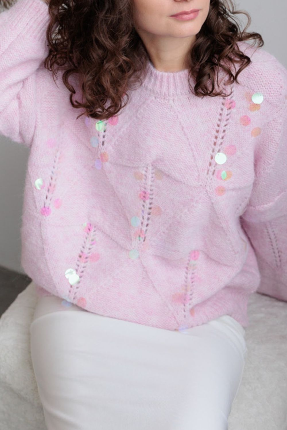 Sequin Round Neck Long Sleeve Sweater