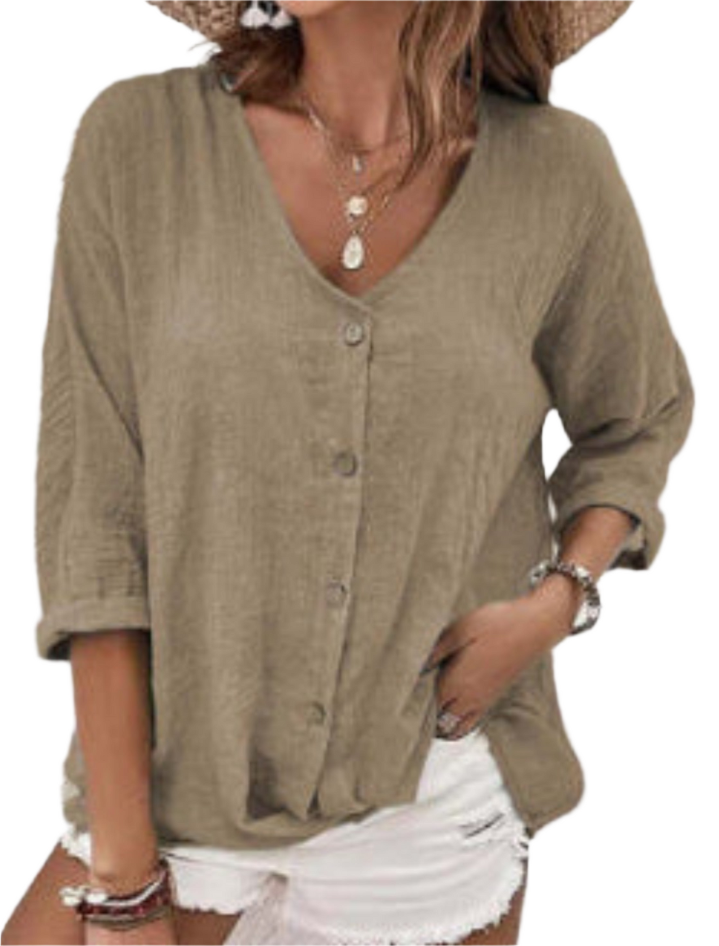 V-neck Long-sleeved T-shirt Fashion Solid Color Button Top Casual Loose Clothing For Women