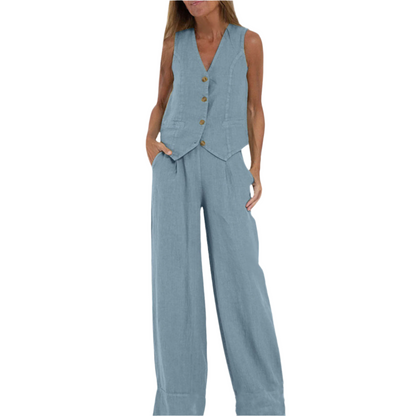 Summer Vest Suits V-neck Botton Sleeveless Top And Loose Straight Trousers Casual Womens Clothing