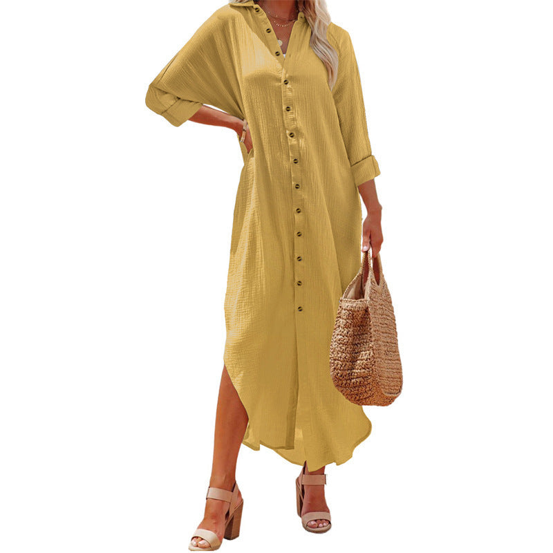 Women's Cardigan Breasted Solid Long Sleeve Dress