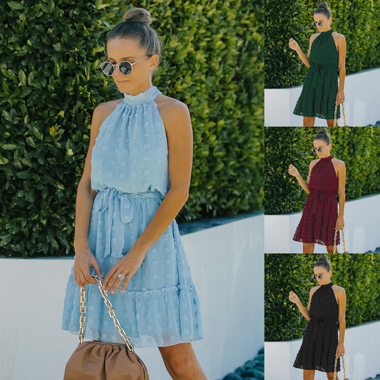 Jacquard Cutout Skirt Halterneck Chiffon Dress
