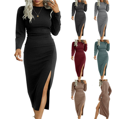 Solid Colour Round Neck Slim Fit Long Sleeve Split Temperament Dress
