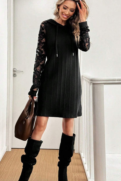 Lace Patchwork Long Sleeve Hooded Dress