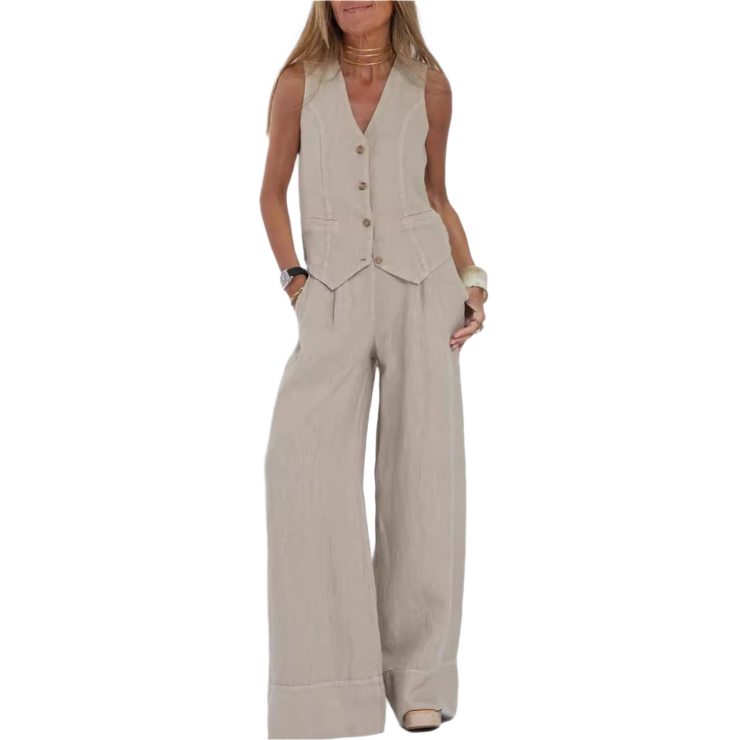 Summer Vest Suits V-neck Botton Sleeveless Top And Loose Straight Trousers Casual Womens Clothing