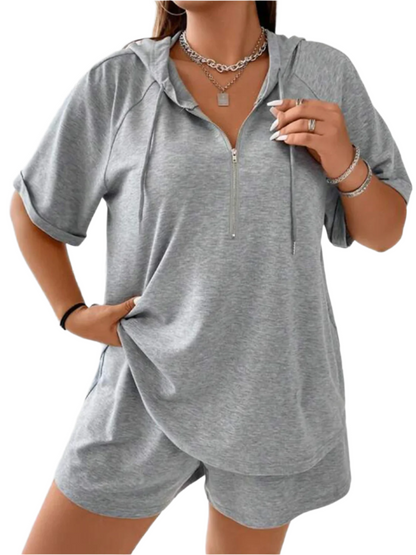 Full Size Drawstring Half Zip Hooded Top and Shorts Set Plus Size