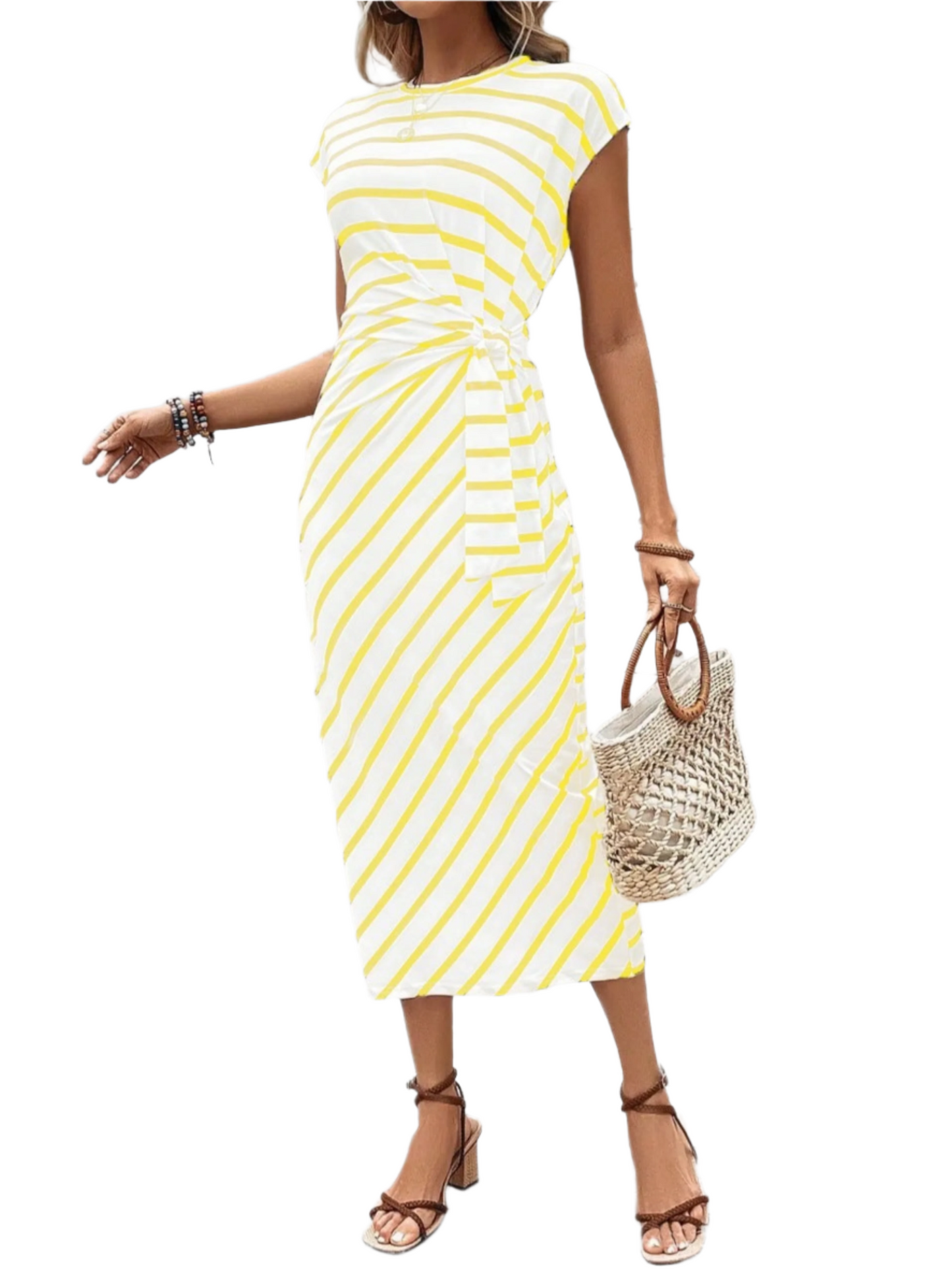 Elegant Waist Strap Striped Round Neck Short Sleeve And Long Pattern Dress
