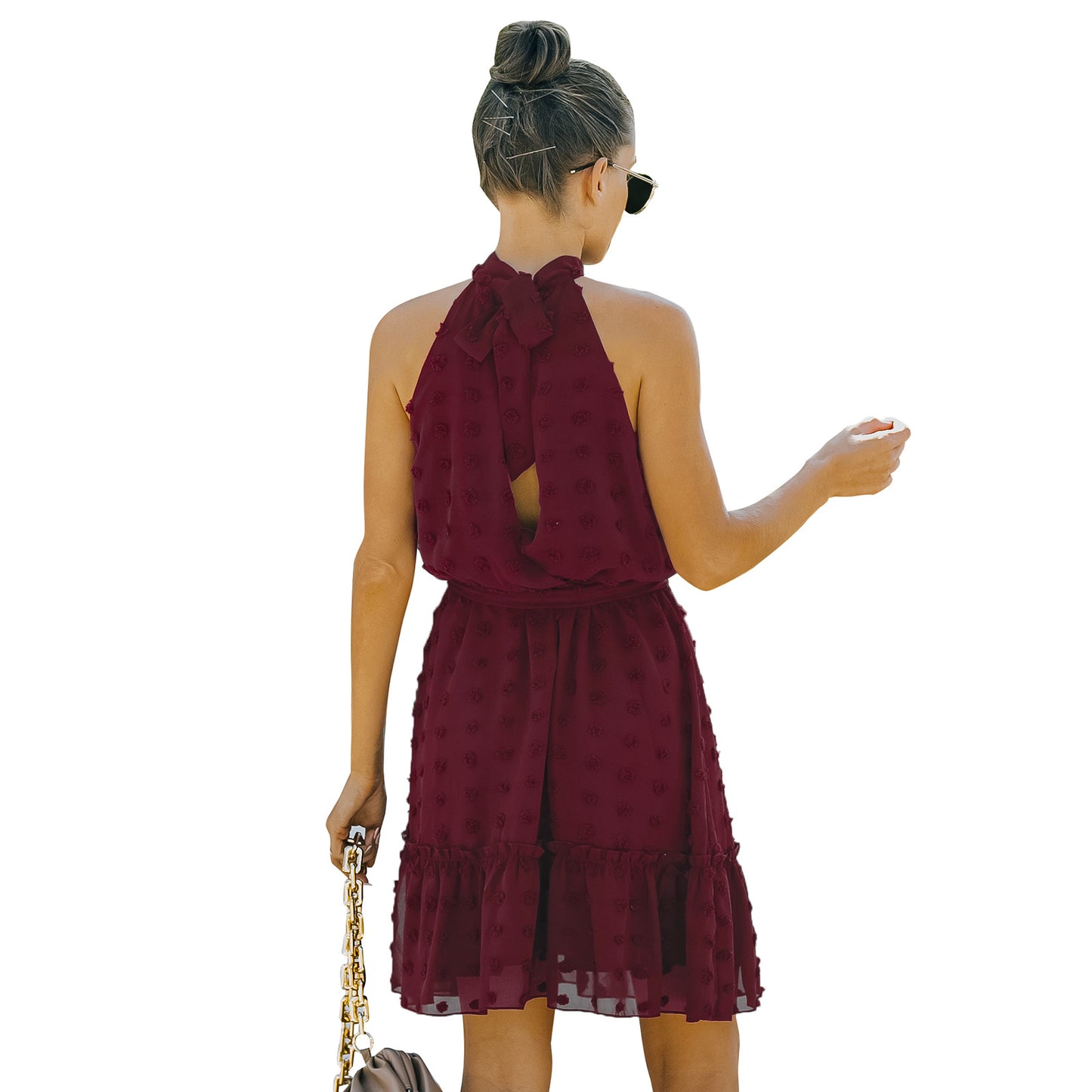 Jacquard Cutout Skirt Halterneck Chiffon Dress